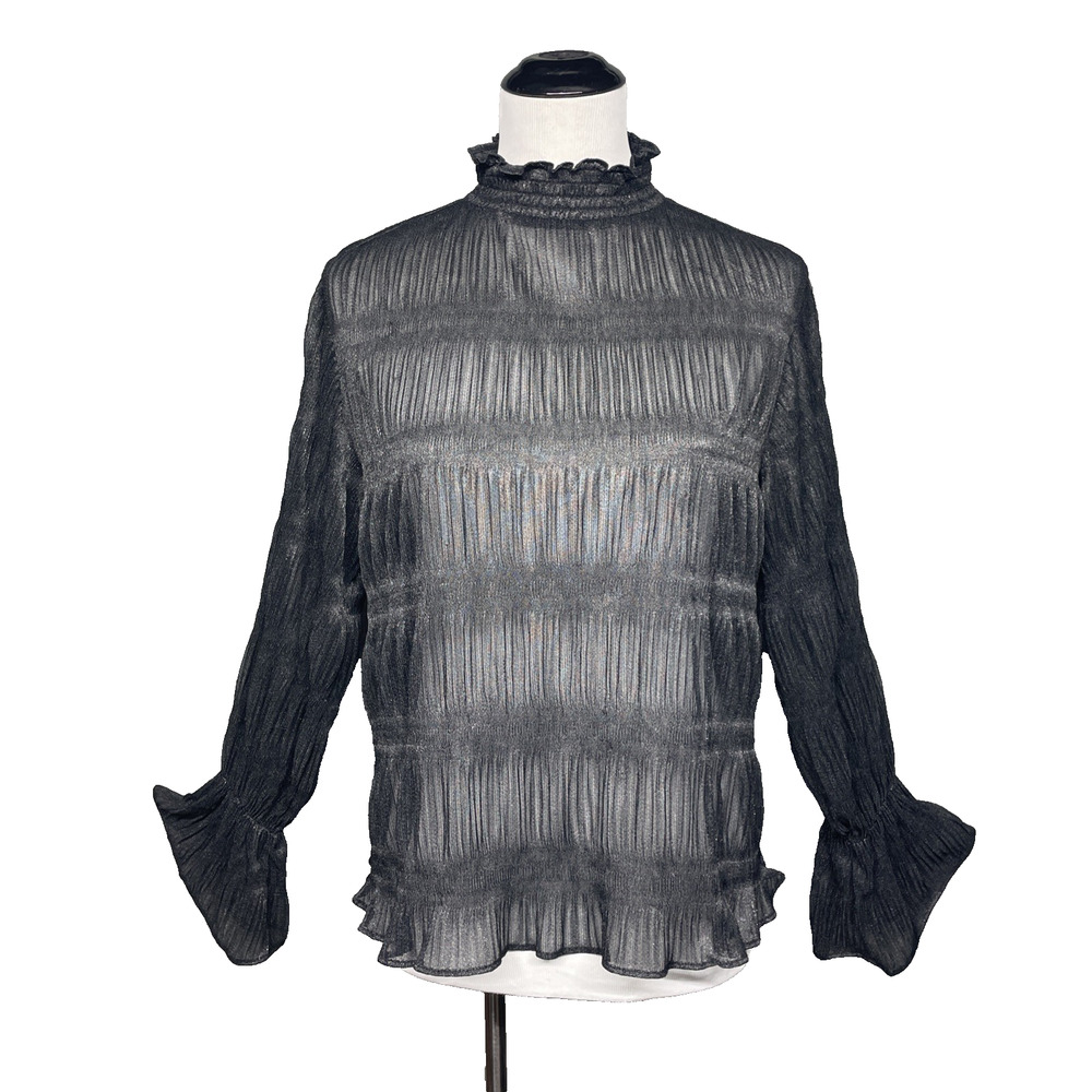Express Women Top Med Black Silver Metallic Shimmer Smocked Mock Neck Ruffle Slv